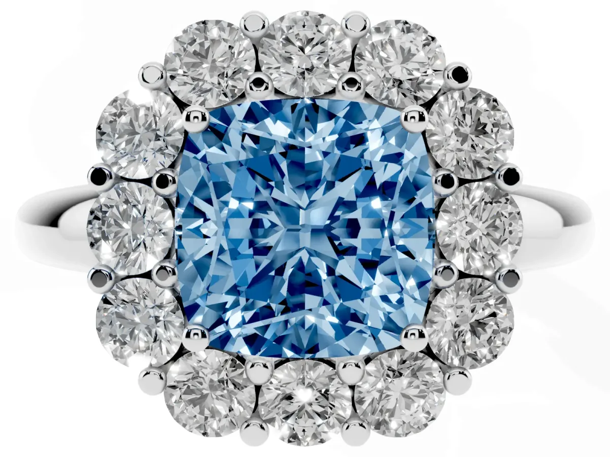 Fancy Blue Cushion Cut Halo Cluster Diamond Engagement Ring with Prong Setting and Polished Band Silver