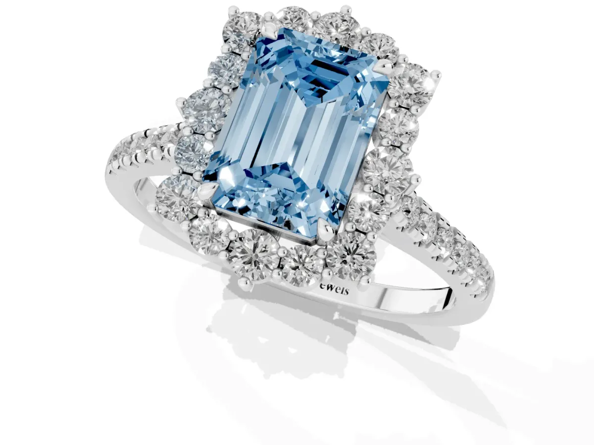 Fancy Blue Emerald Cut Halo Diamond Ring with Pavé Band and Prong Setting Silver