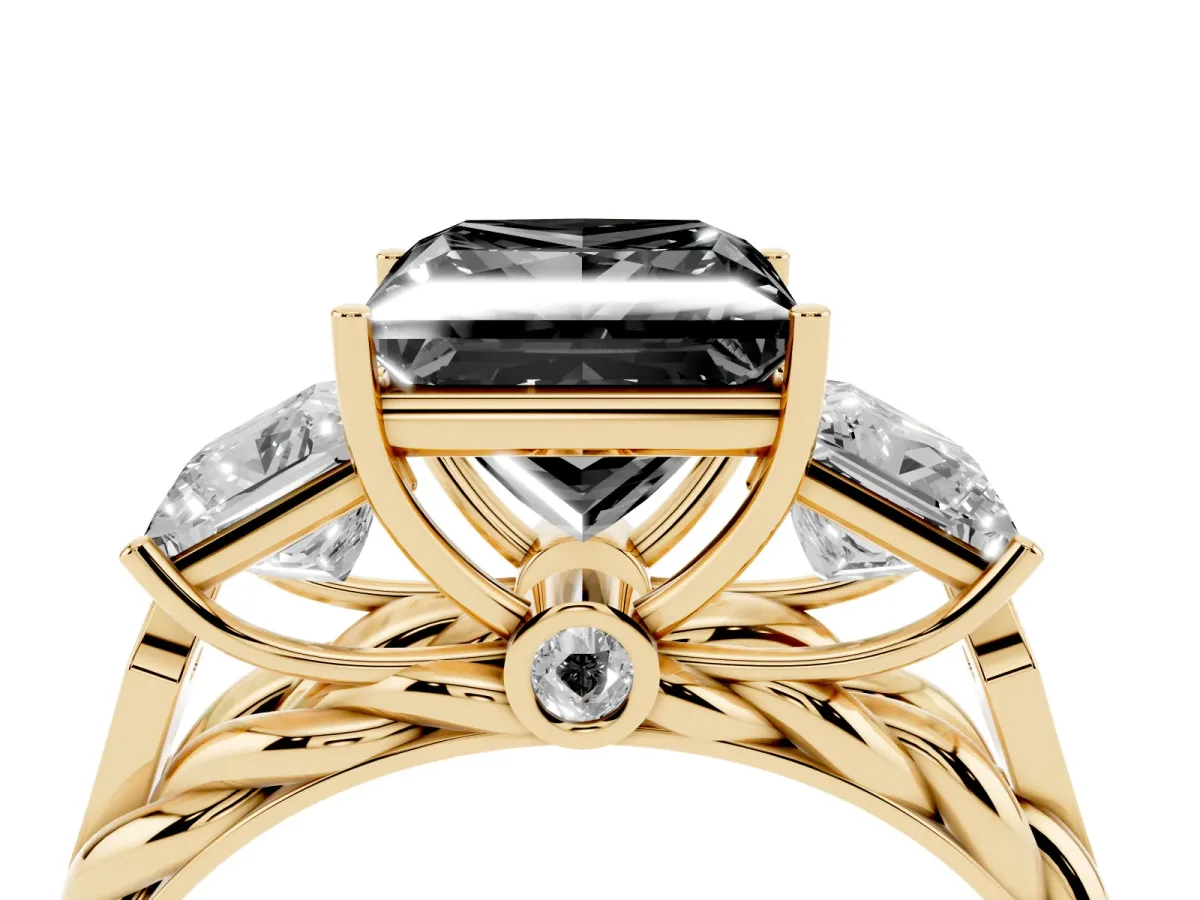 Fancy Black Three-Stone Princess Cut Diamond Braided Band Ring with Four-Prong Setting Yellow gold
