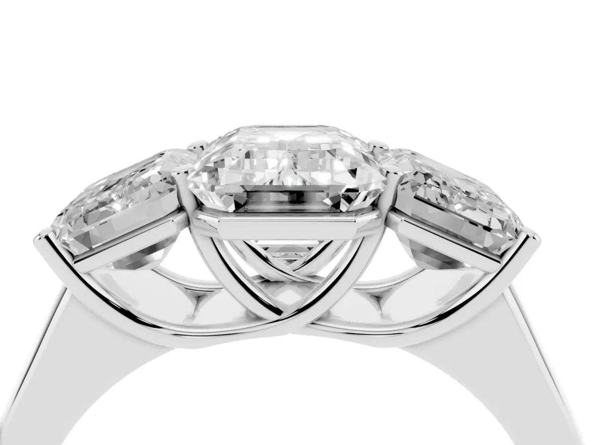 Emerald Cut Three-Stone Diamond Ring with Prong Setting on a Classic Band White gold