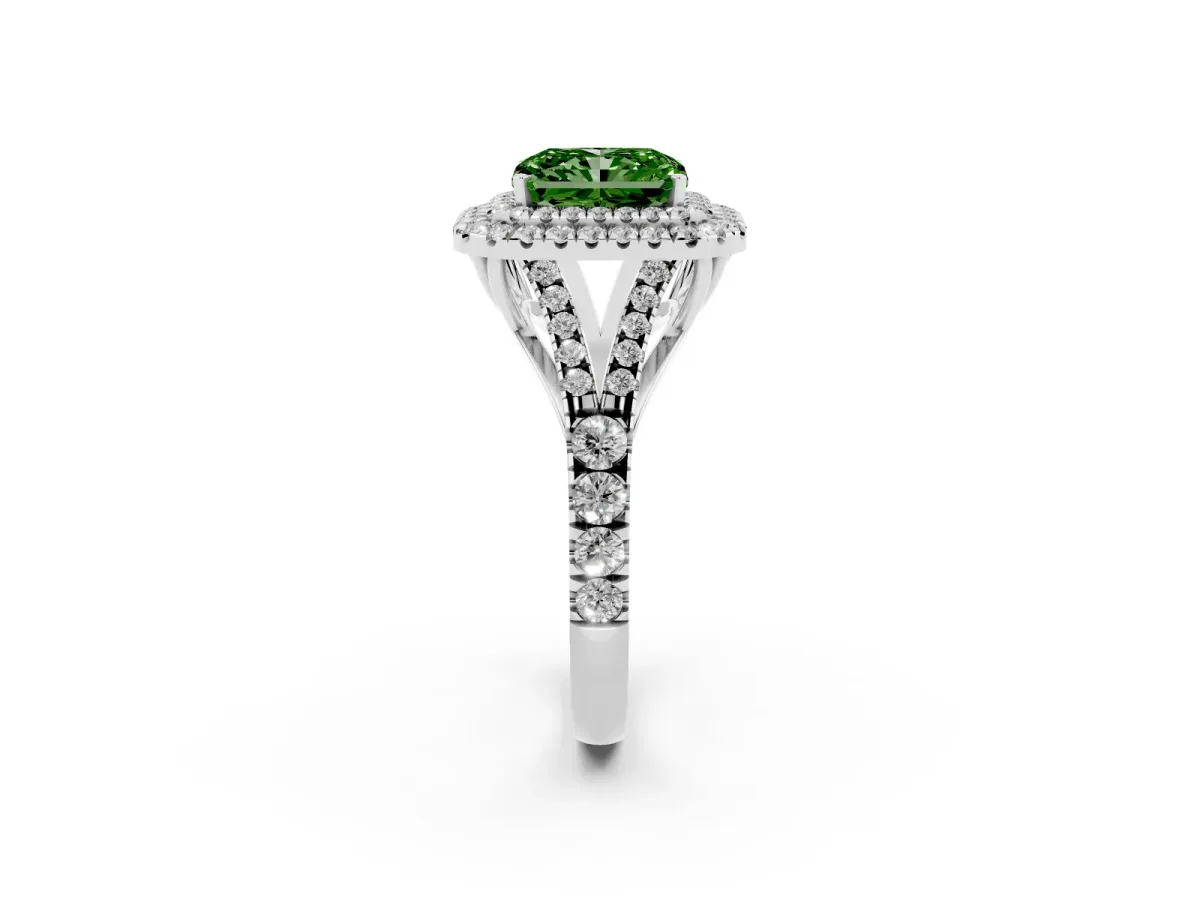 Fancy Green Double Halo Radiant Cut Diamond Split Shank Engagement Ring with Four-Prong Setting Silver