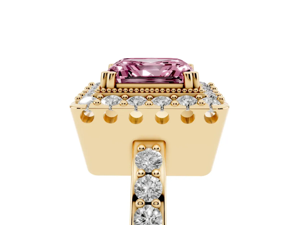 Fancy Pink Asscher Cut Diamond Halo Ring with Pavé Band and Prong Setting Yellow gold