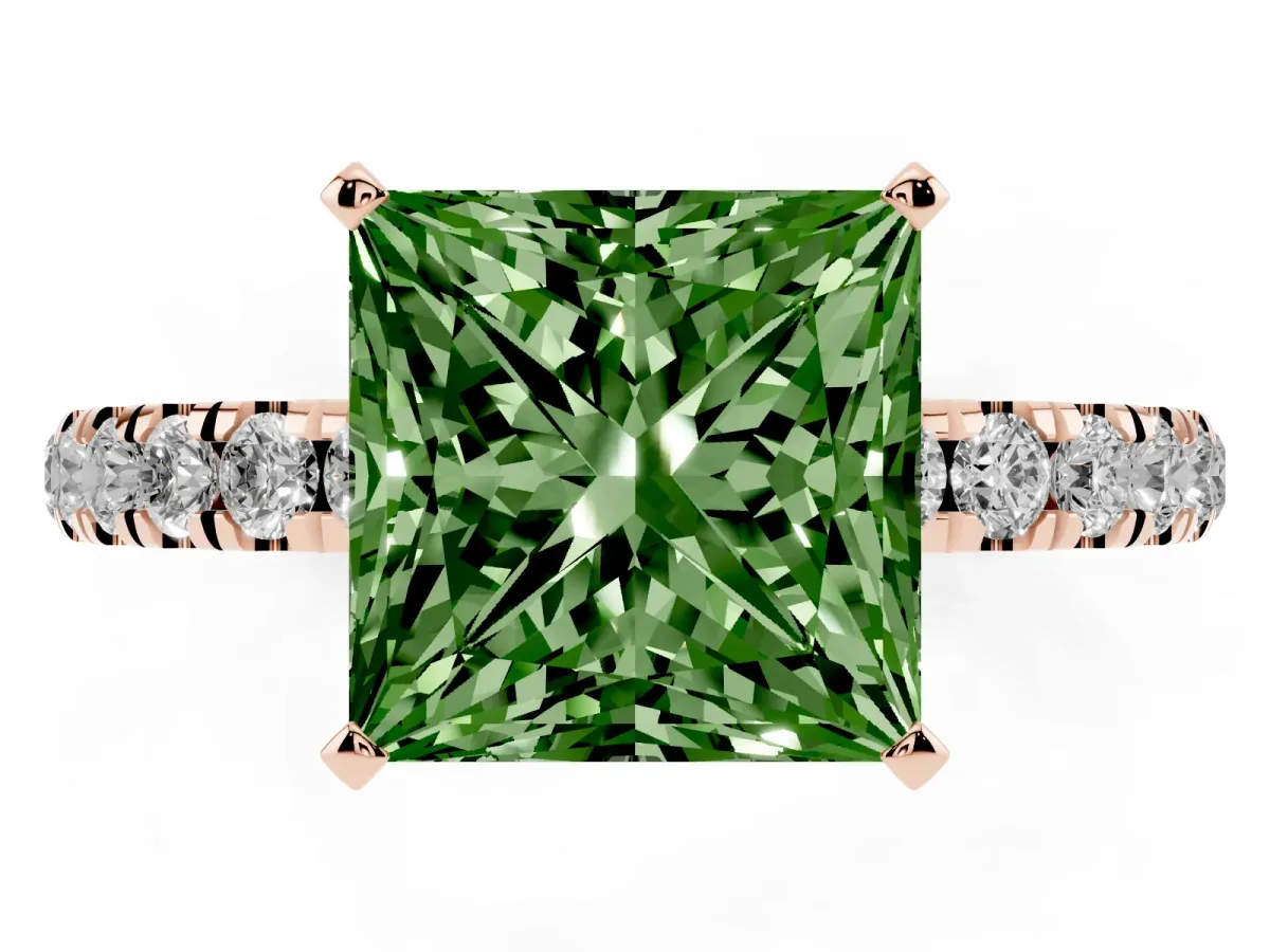 Fancy Green Princess Cut Diamond Solitaire Ring with Pavé Accents and Four-Prong Setting Rose gold