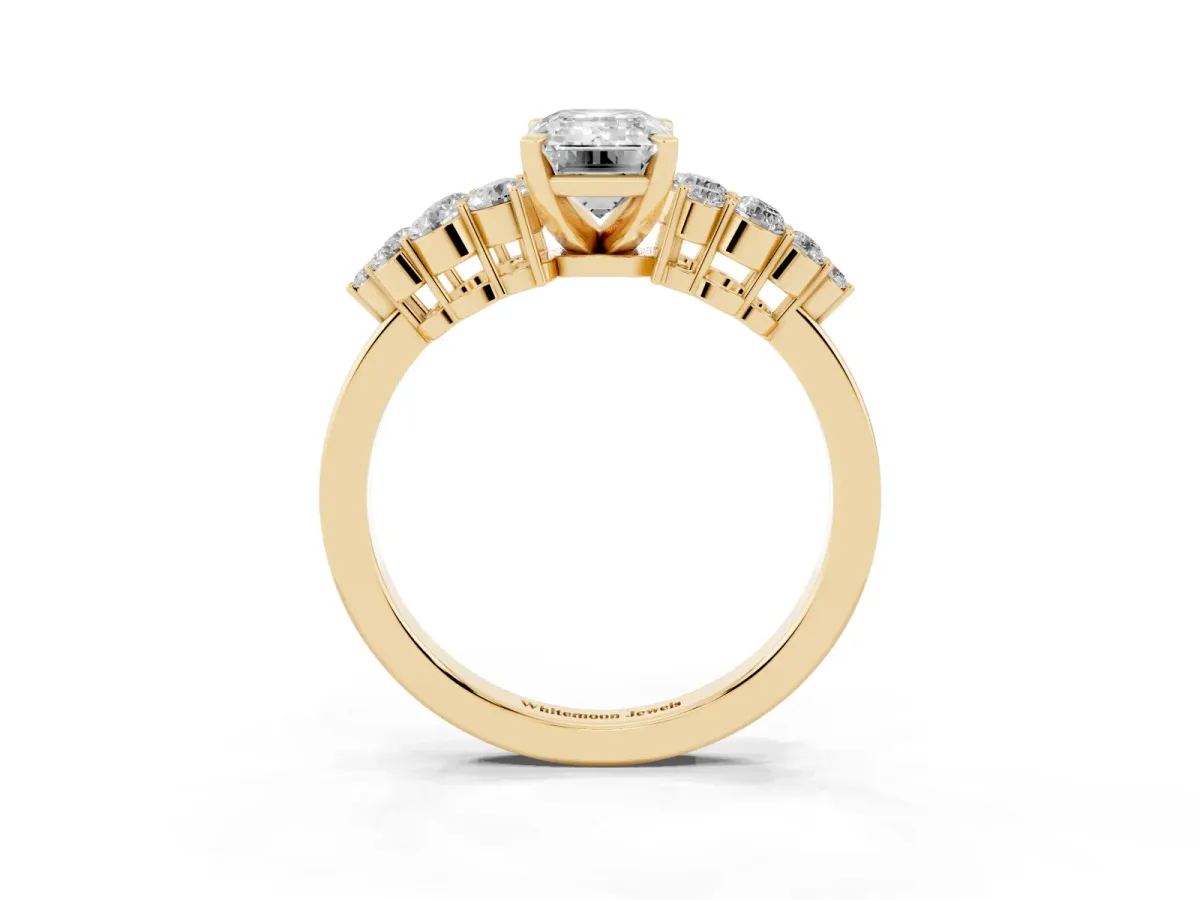 Emerald Cut Cluster Diamond Engagement Ring with Pavé Band and Four-Prong Setting Yellow gold
