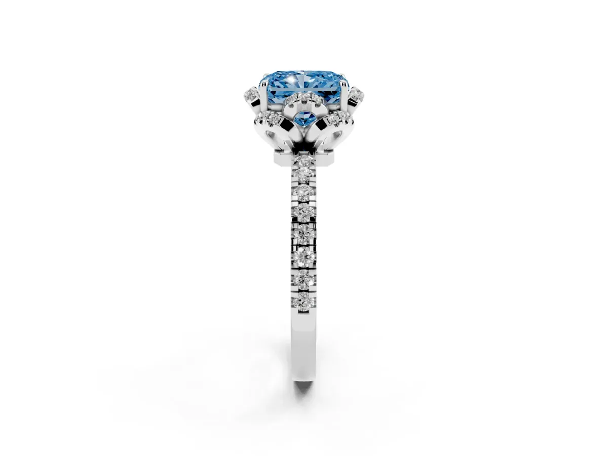 Fancy Blue Radiant Cut Diamond Halo Pave Band with Four-Prong Setting Silver