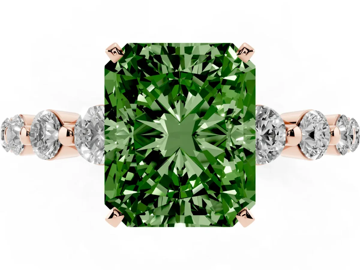 Fancy Green Radiant Cut Solitaire Diamond Ring with Pave Band and Four-Prong Setting Rose gold