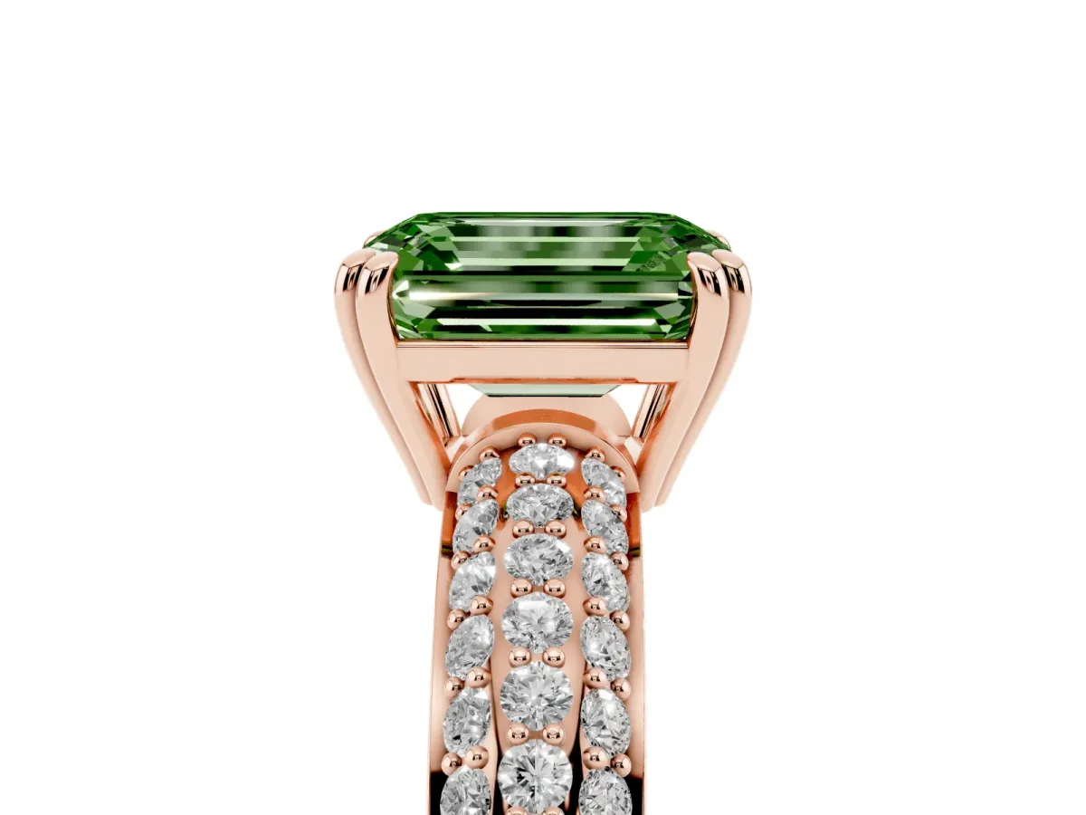 Fancy Green Emerald Cut Diamond Solitaire Ring with Multi-Row Round Pavé Band and Prong Setting Rose gold