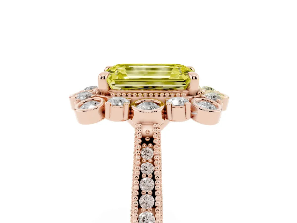 Fancy Yellow Emerald Cut Halo Milgrain Pave Diamond Ring with Four-Prong Setting Rose gold