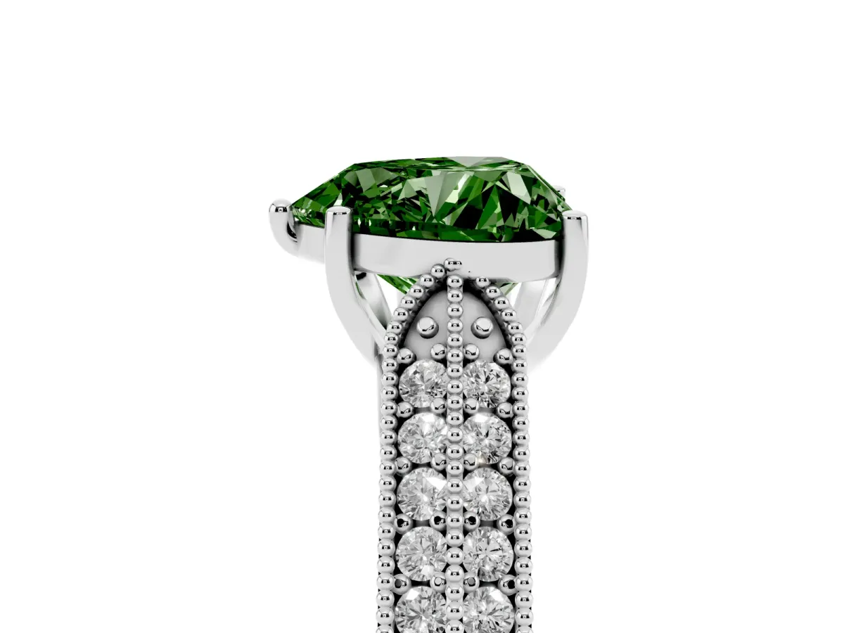 Fancy Green Heart Cut Cut Pave Split Shank Engagement Ring with Four-Prong Setting White gold