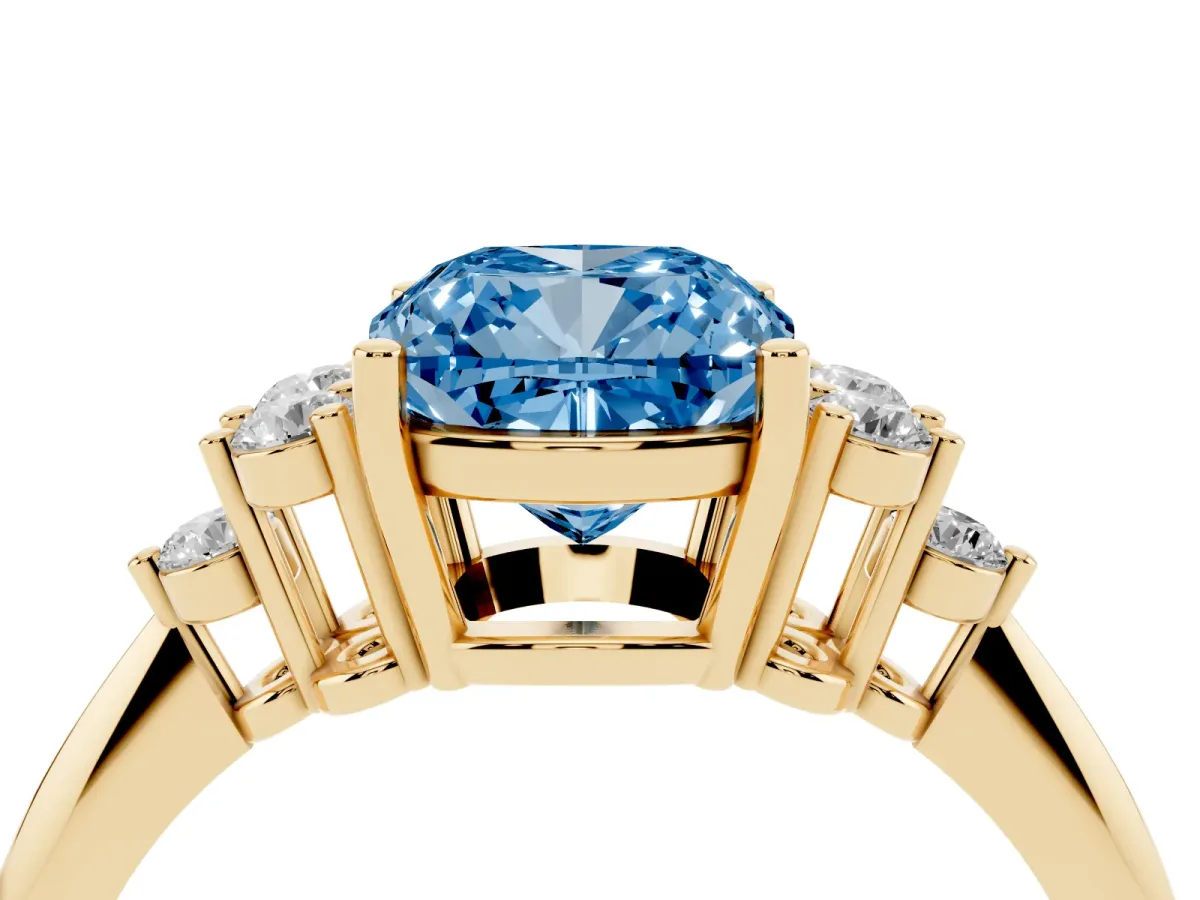 Fancy Blue Cushion Cut Cut Diamond Cluster Ring with Solitaire Band and Four-Prong Setting Yellow gold