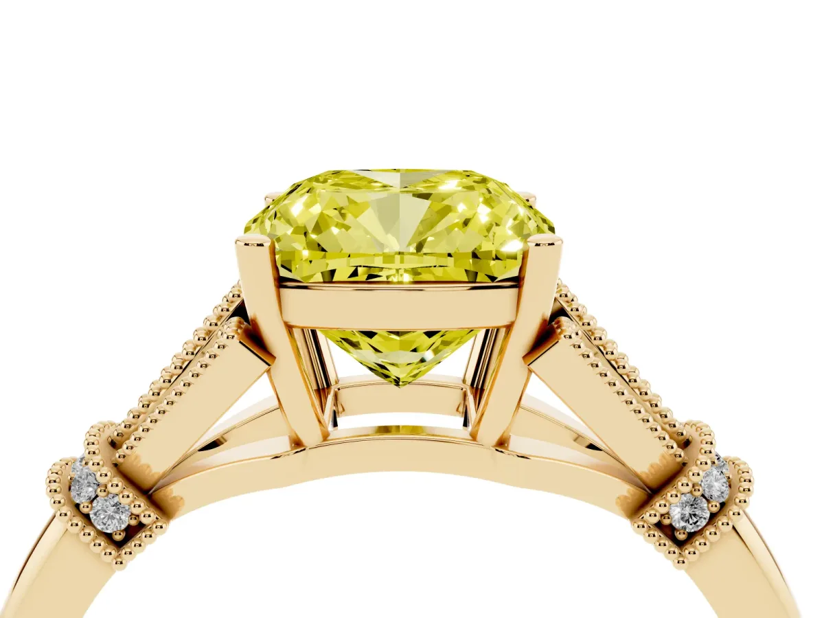 Fancy Yellow Cushion Cut Diamond Solitaire Ring with Floral Filigree and Pave Accents Yellow gold