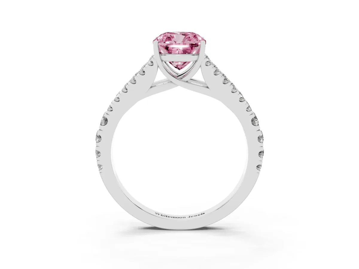 Fancy Pink Cushion Cut Diamond Split Shank Engagement Ring with Round Pavé and Prong Setting Silver