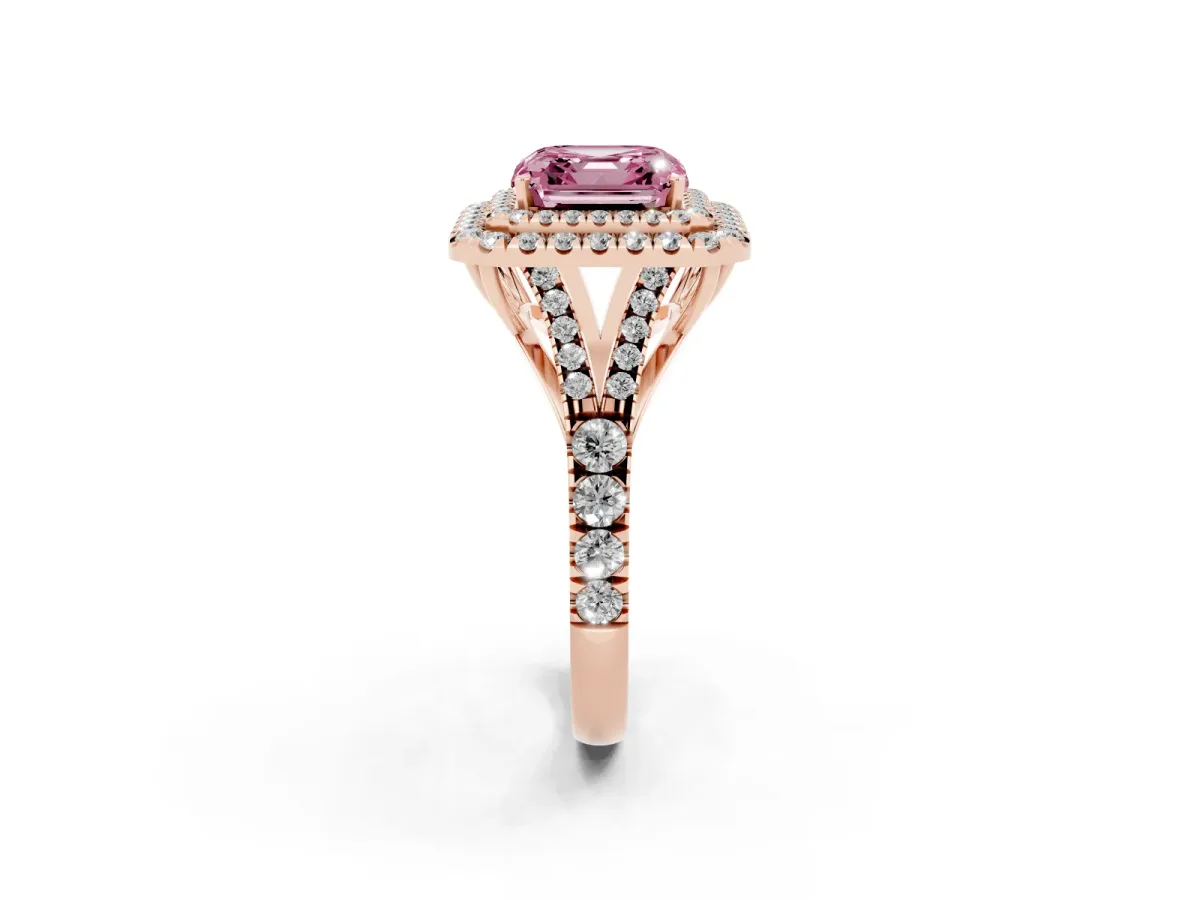 Fancy Pink Asscher Cut Cut Double Halo Split Shank Diamond Ring with Prong Setting Rose gold