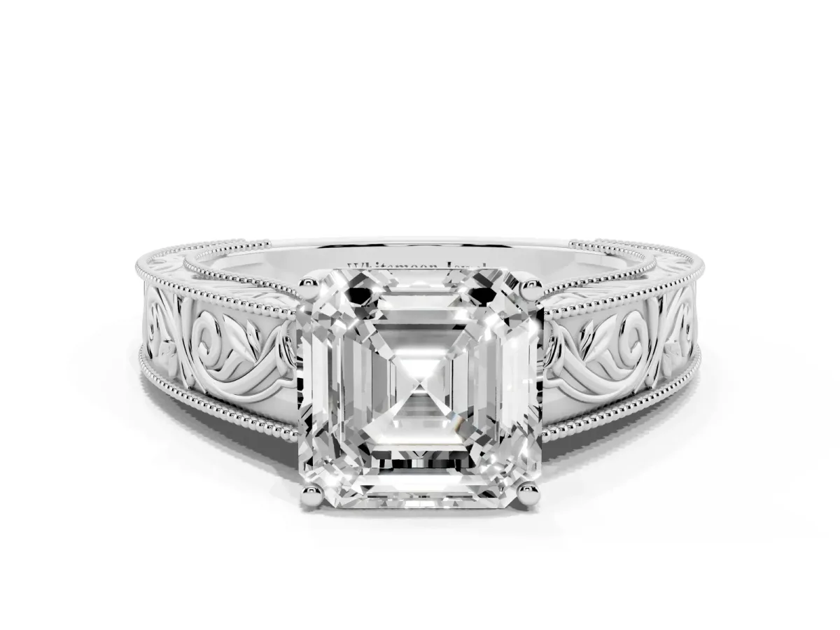 Asscher Cut Diamond Solitaire Ring with Engraved Band and Four-Prong Setting White gold