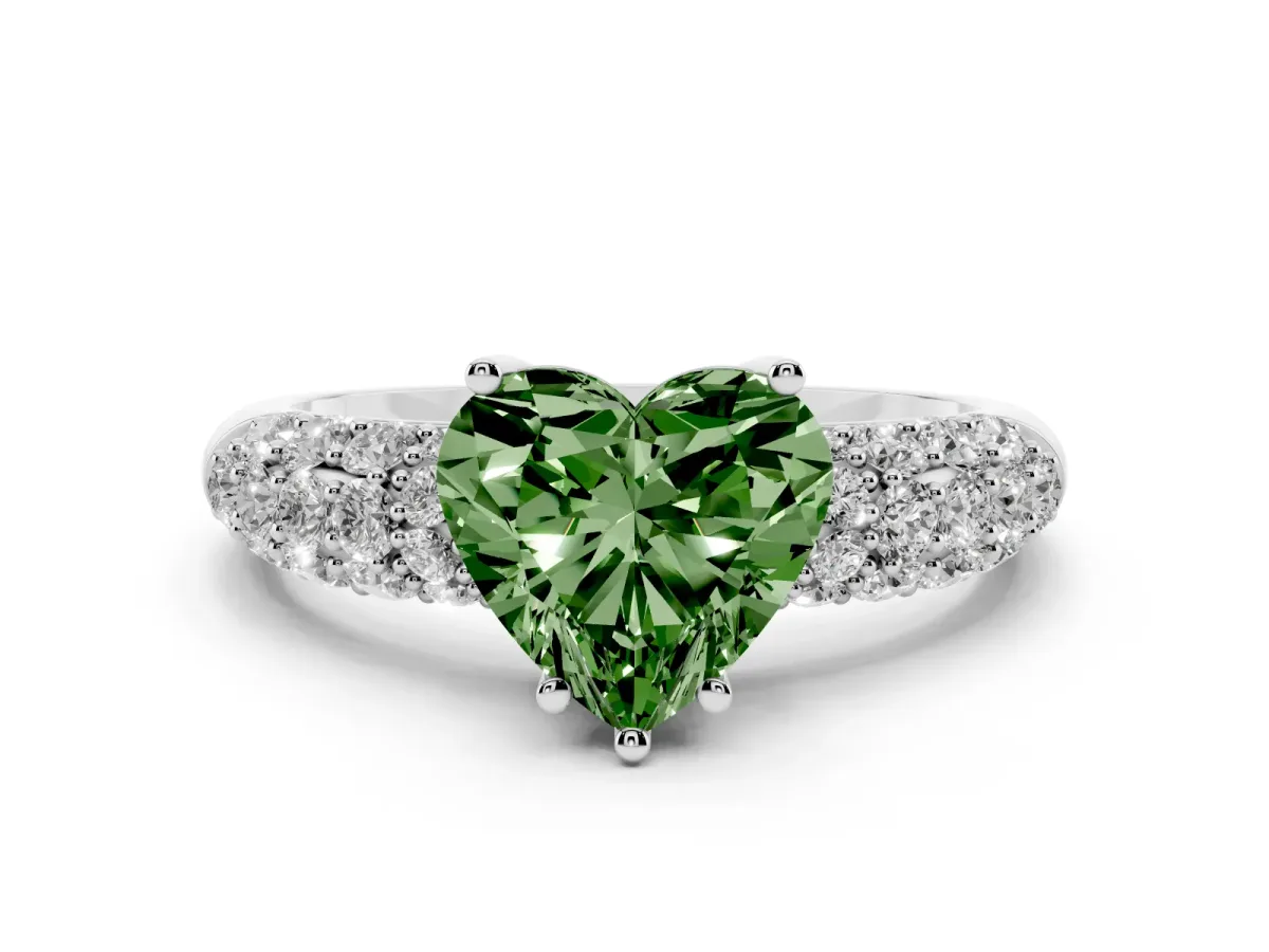 Fancy Green Heart Cut Diamond Pavé Band Solitaire Ring with Four-Prong Setting Silver