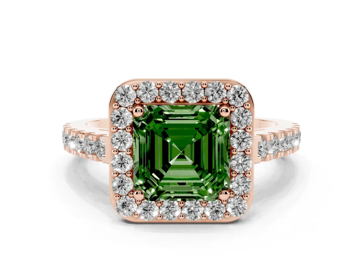 Fancy Green Asscher Cut Diamond Halo Ring with Round Pavé Split Shank and Prong Setting Rose gold