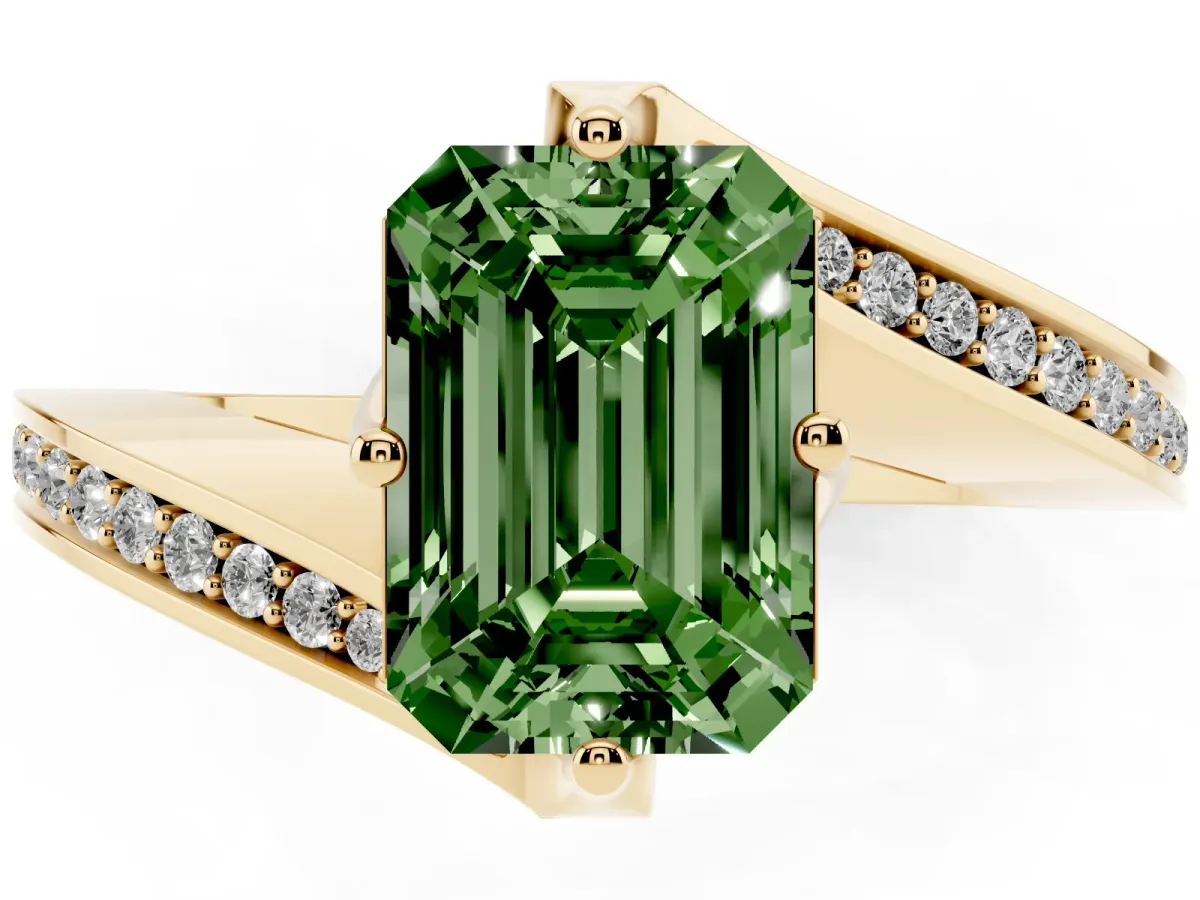 Fancy Green Emerald Cut Solitaire Diamond Twist Band with Pavé Setting and Four-Prong Setting Yellow gold