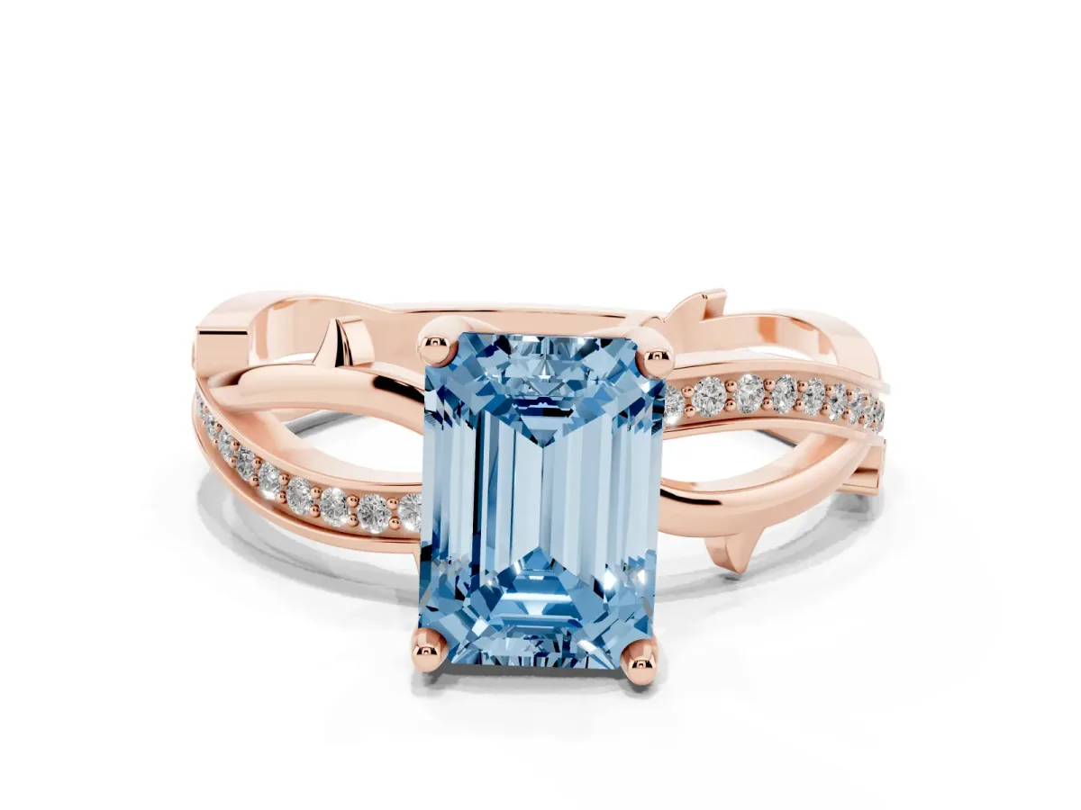 Fancy Blue Emerald Cut Solitaire Twist Band with Pavé Accents and Four-Prong Setting Rose gold