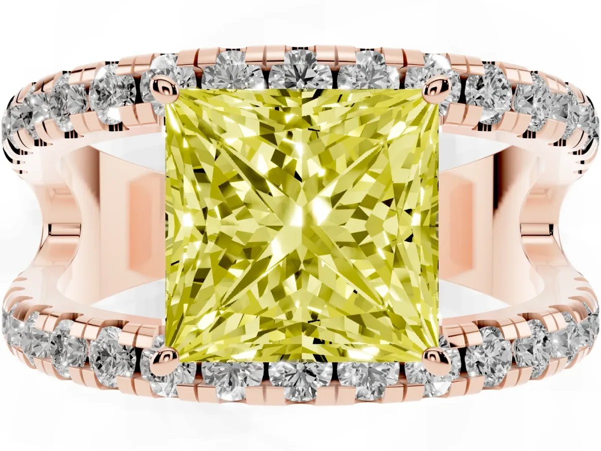 Fancy Yellow Princess Cut Solitaire Split Shank Pave Diamond Ring Rose gold