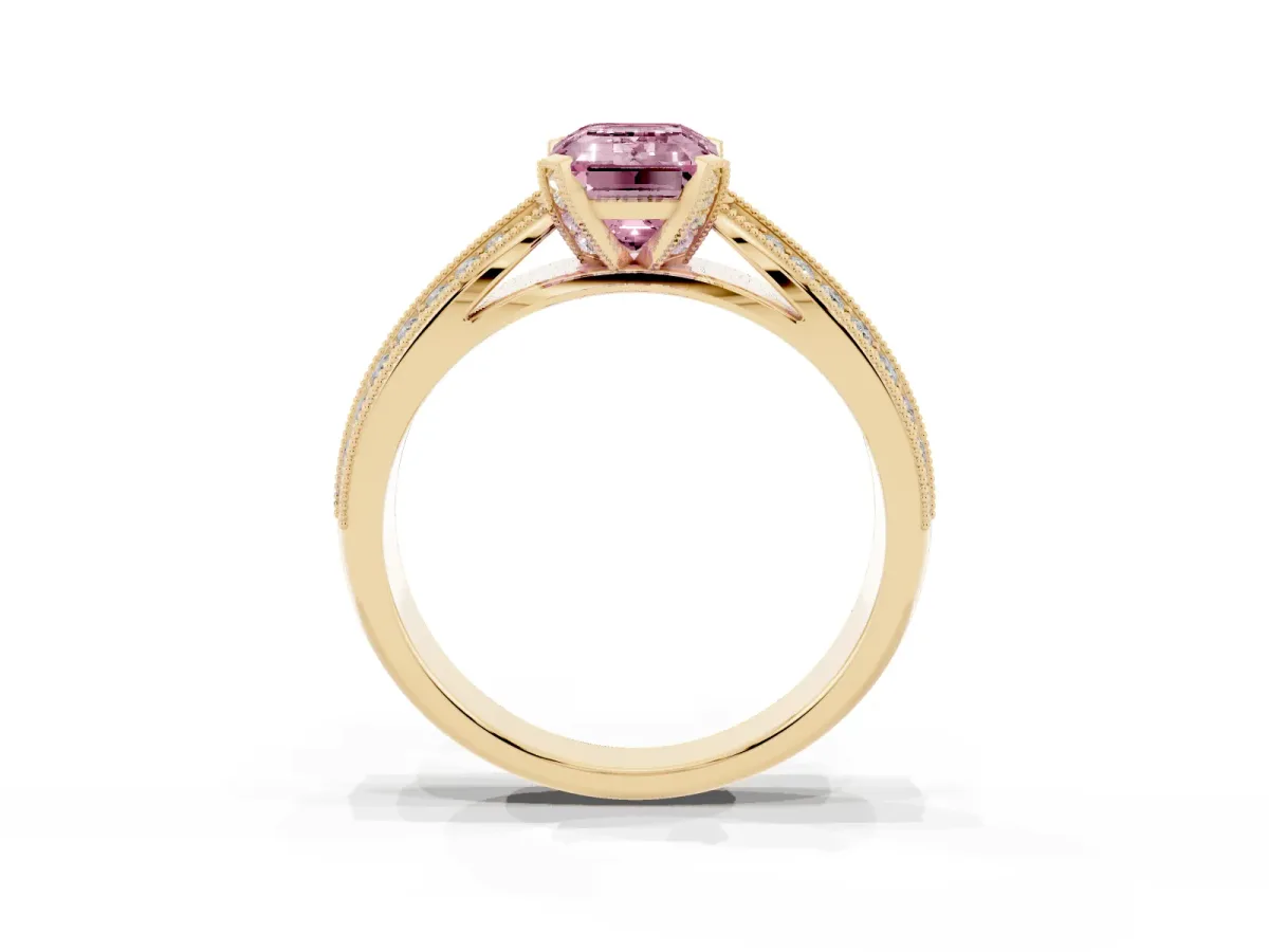 Fancy Pink Emerald Cut Diamond Solitaire Ring with Milgrain Round Pavé Band and Prong Setting Yellow gold