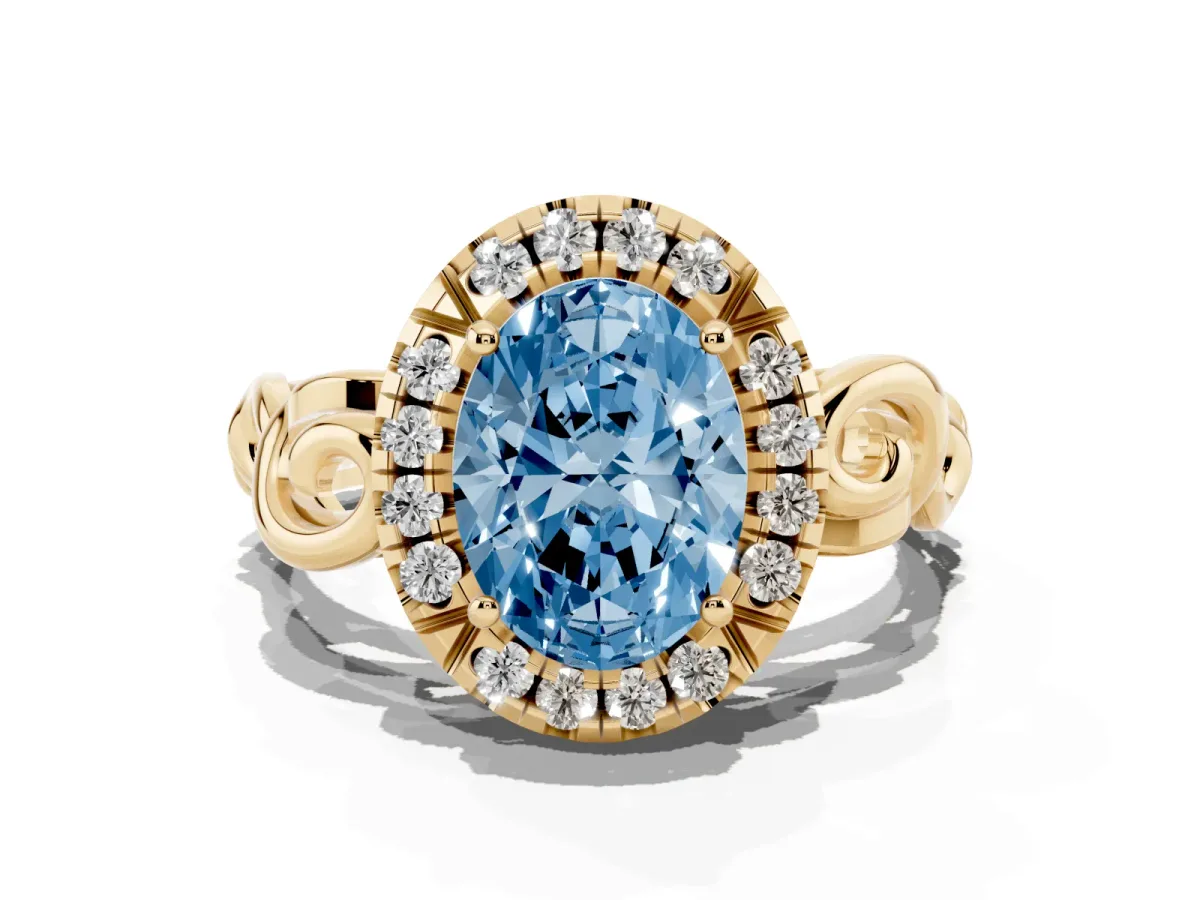 Fancy Blue Oval Cut Cut Halo Diamond Ring with Scrollwork Band and Four-Prong Setting Yellow gold
