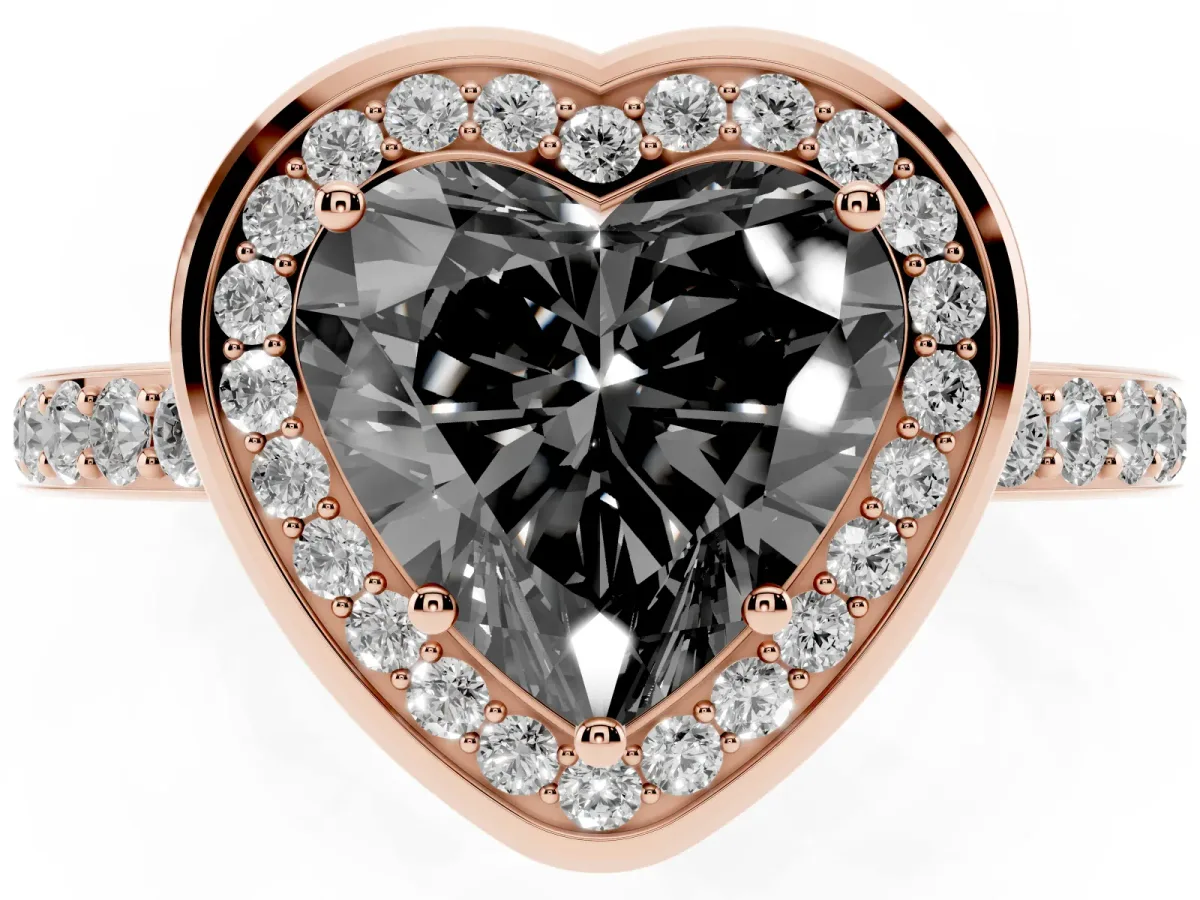 Fancy Black Heart Cut Diamond Halo Ring with Bezel Frame and Pavé Band Rose gold