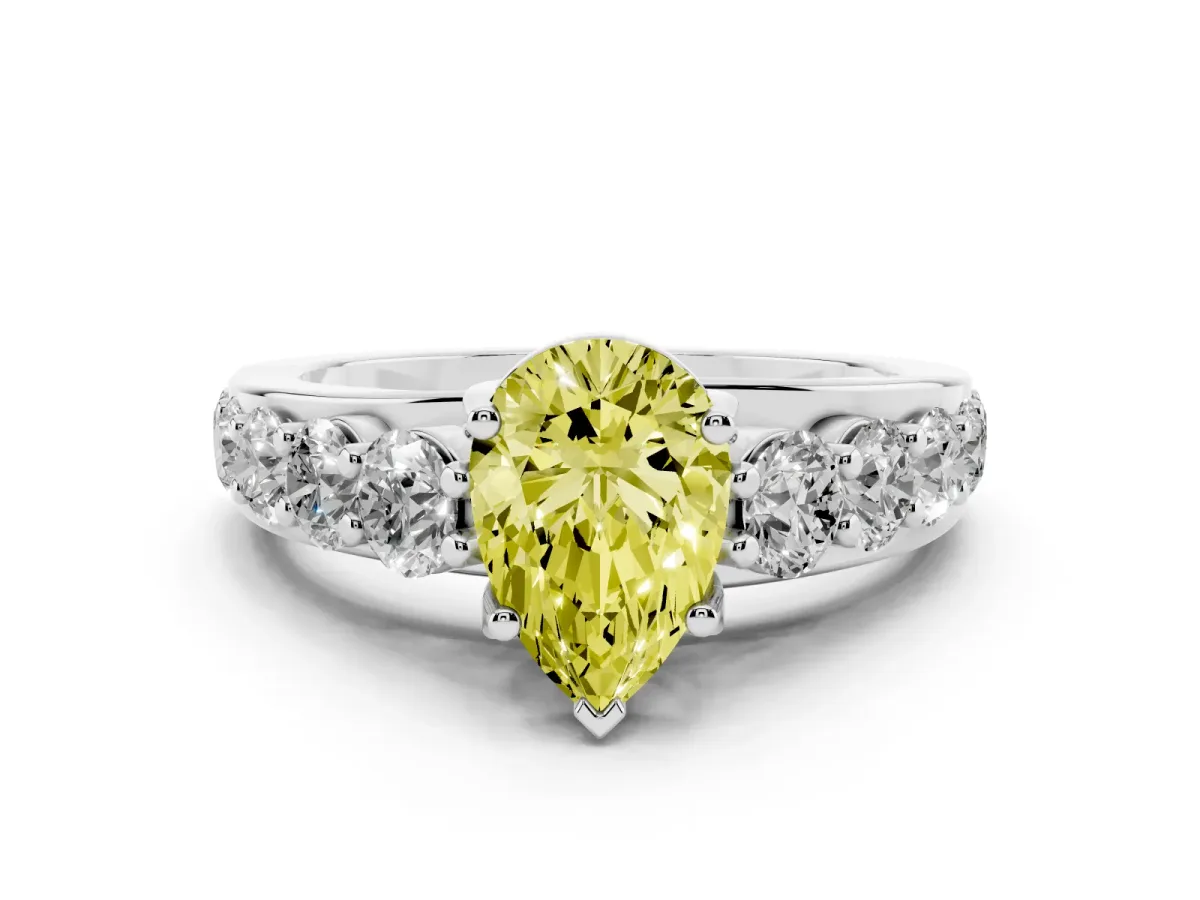 Fancy Yellow Pear Cut Diamond Engagement Ring with Pavé Band and Four-Prong Setting Silver