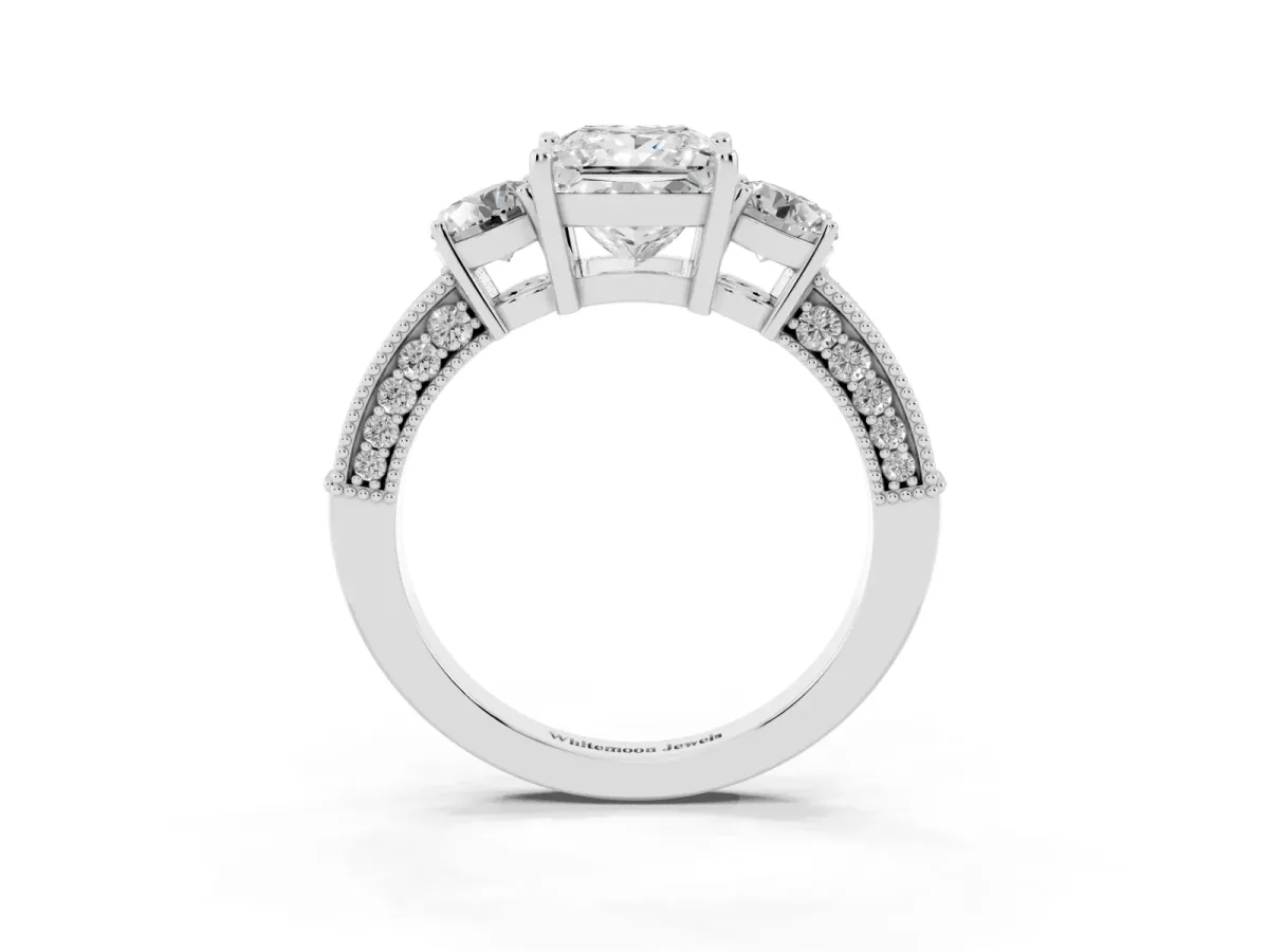 Princess Cut Three-Stone Diamond Ring with Pavé Band and Four-Prong Setting Silver