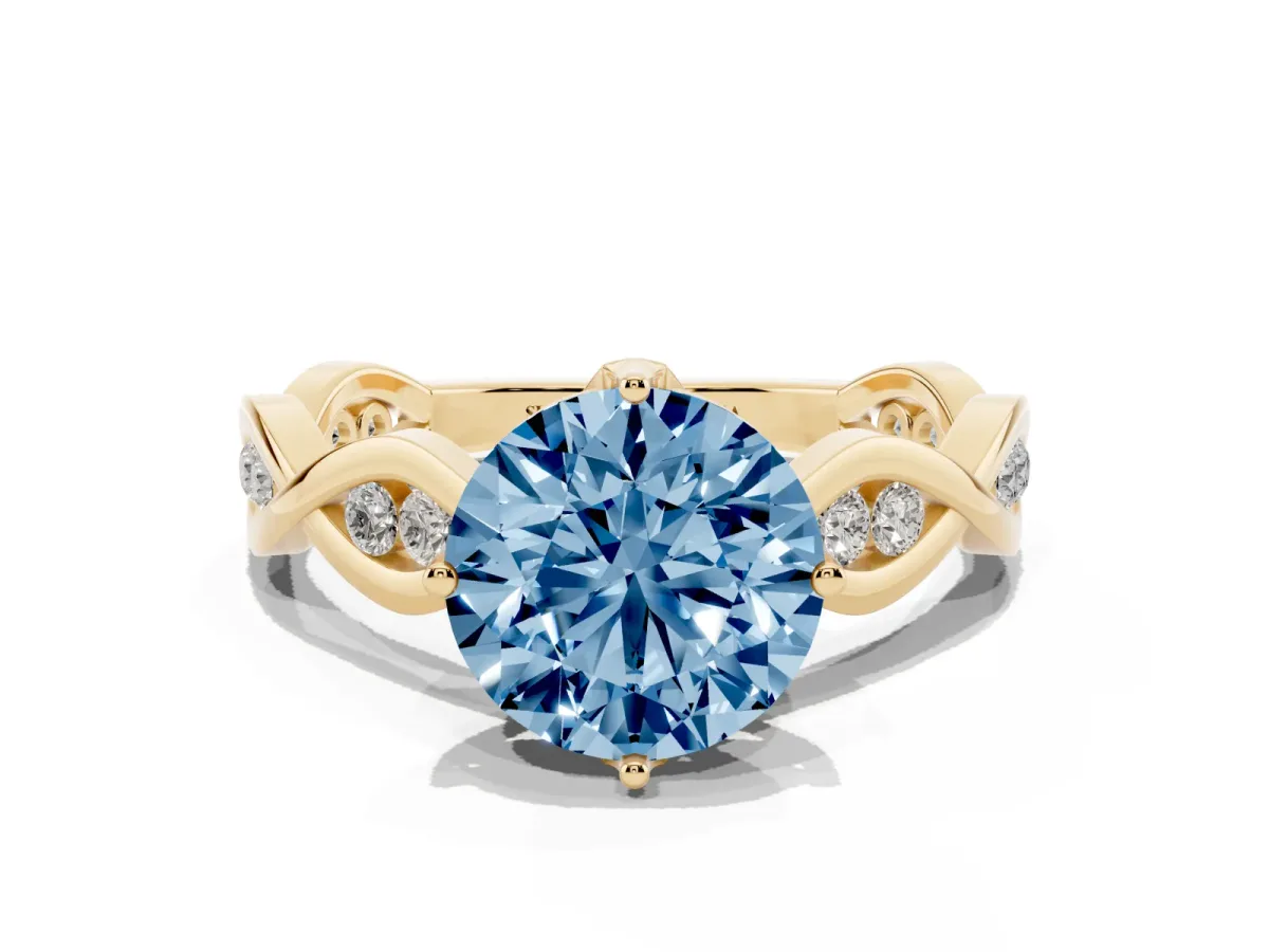 Fancy Blue Round Cut Solitaire Twist Band with Leaf Prong Setting Yellow gold