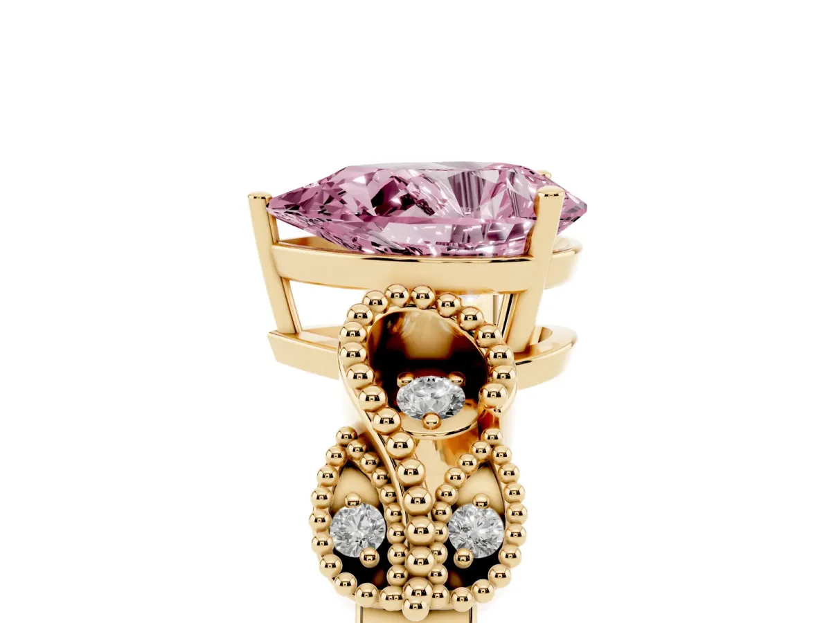 Fancy Pink Pear Cut Solitaire Milgrain Leaf Band with Prong Setting Yellow gold
