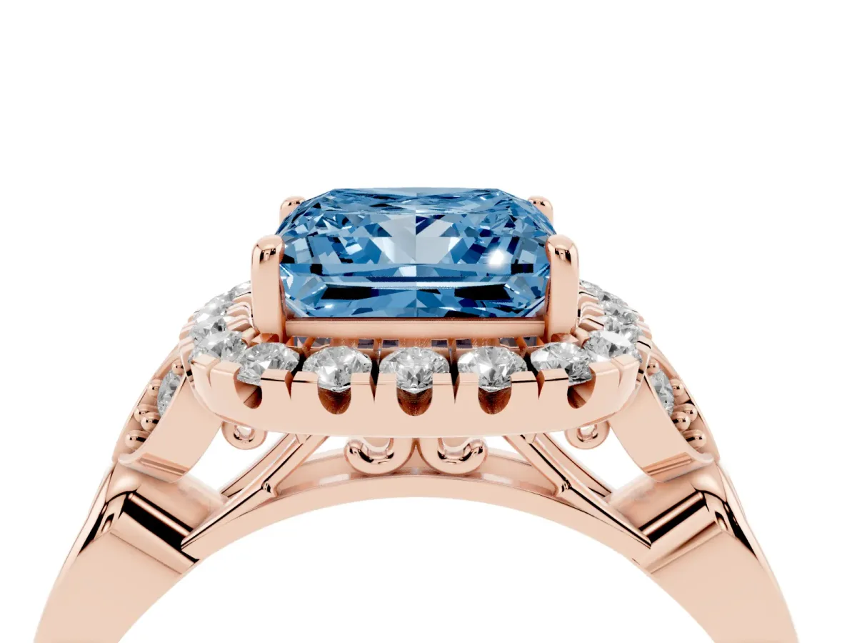 Fancy Blue Princess Cut Halo Diamond Engagement Ring with Vintage-Inspired Band and Four-Prong Setting Rose gold