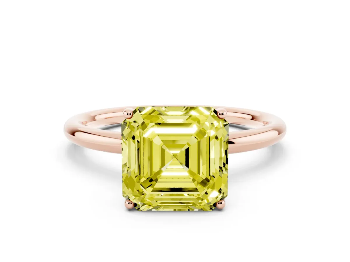 Fancy Yellow Asscher Cut Solitaire Diamond Ring with a Classic Band and Four-Prong Setting Rose gold