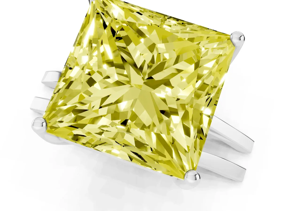 Fancy Yellow Princess Cut Cut Diamond Solitaire Engagement Ring with Tapered Plain Band and Four-Prong Setting Silver