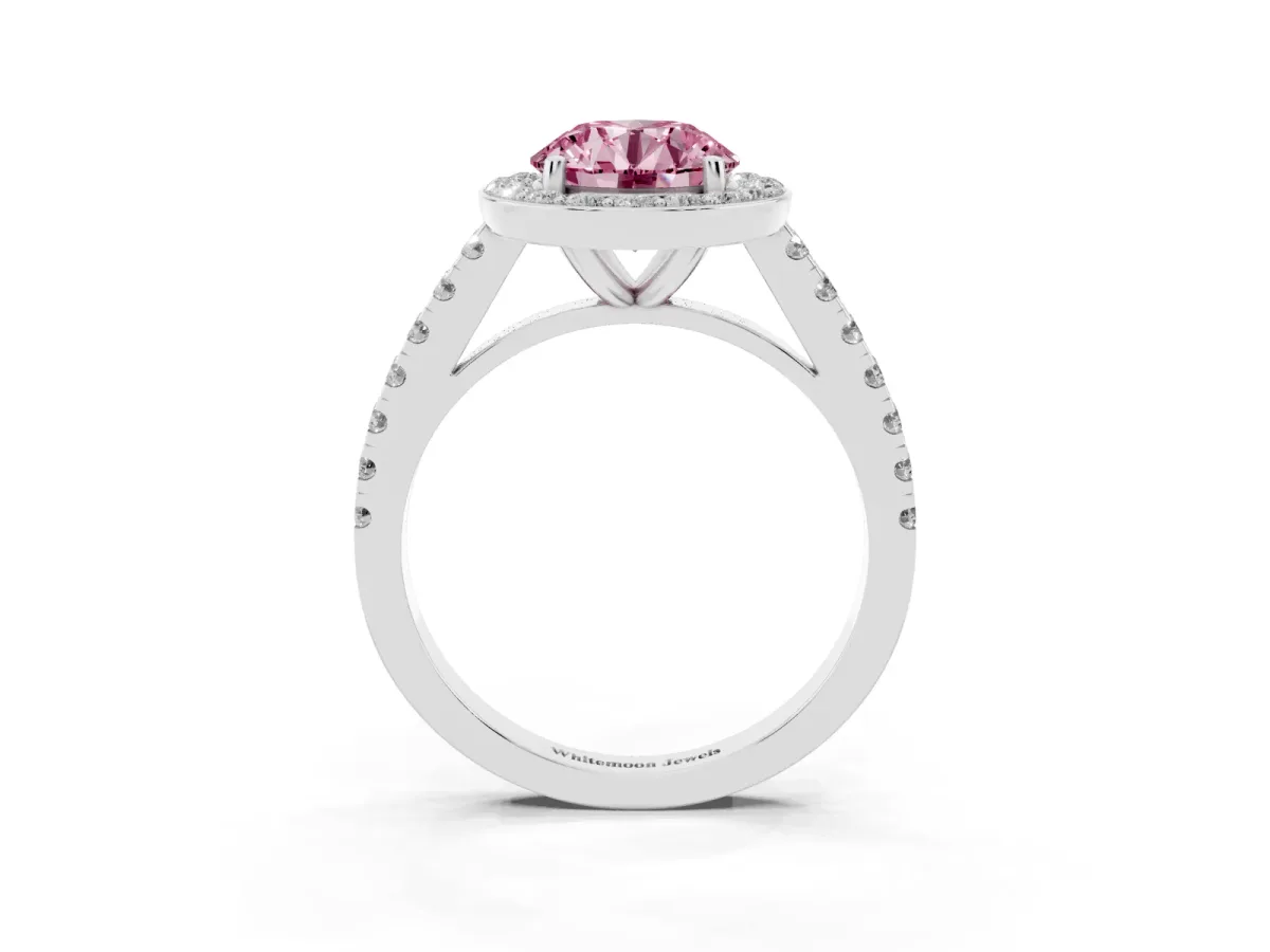 Fancy Pink Round Cut Diamond Halo Ring with Round Pavé Split Shank and Prong Setting Silver