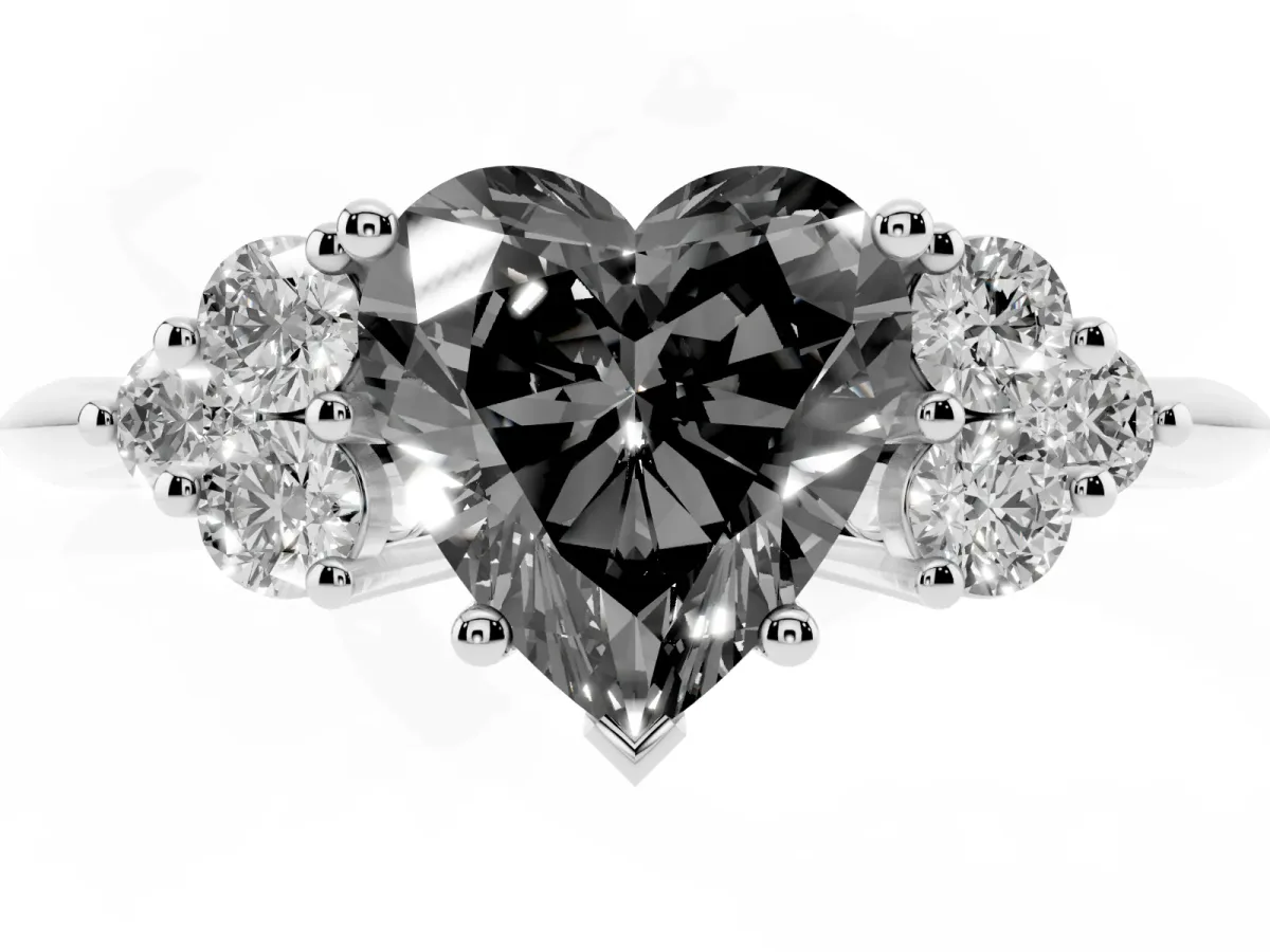 Fancy Black Heart Cut Cut Diamond Cluster Ring with Solitaire Band and Four-Prong Setting Silver