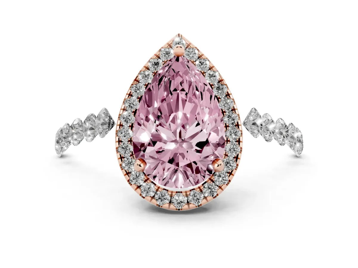 Fancy Pink Pear Cut Halo Pavé Diamond Engagement Ring with Four-Prong Setting Rose gold