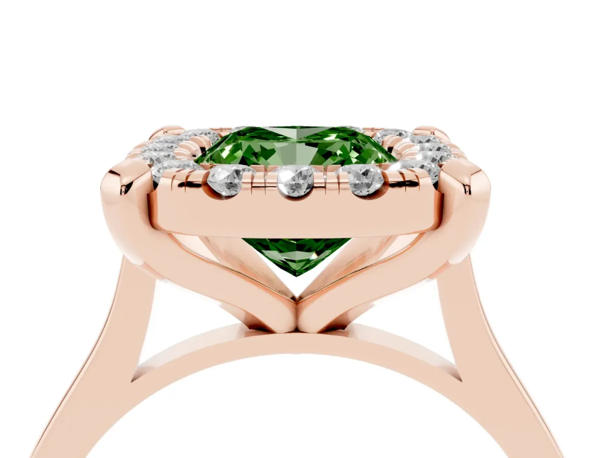 Fancy Green Cushion Cut Diamond Cluster Halo Solitaire with Four-Prong Setting Rose gold