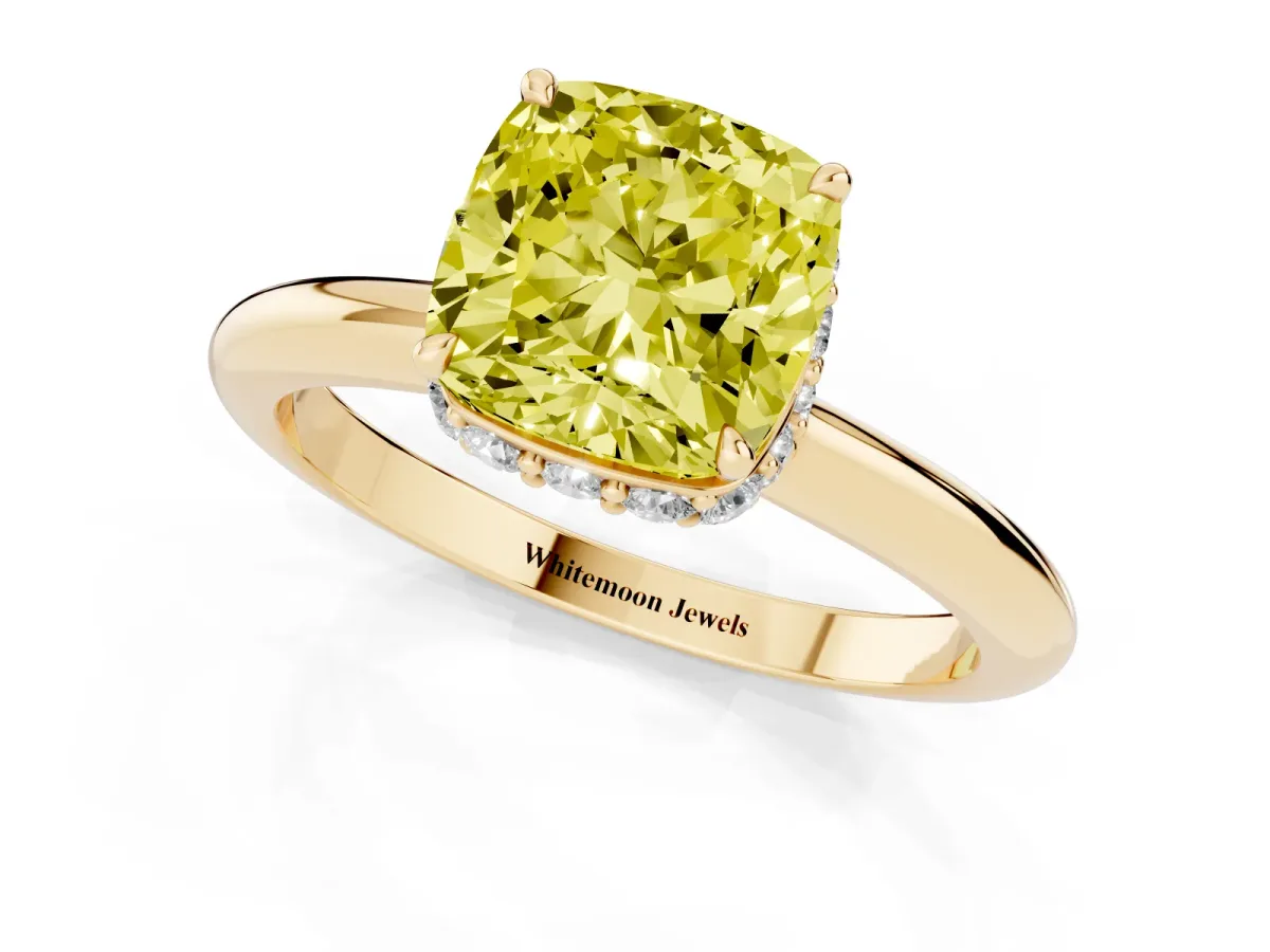 Fancy Yellow Cushion Cut Brilliant Solitaire Engagement Ring with Six-Prong Setting and Classic Band Yellow gold