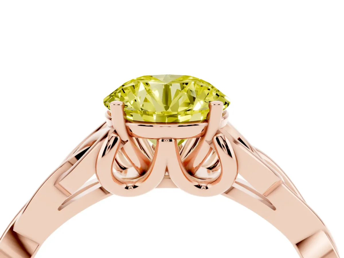 Fancy Yellow Round Cut Diamond Solitaire Engagement Ring with Celtic Knot Band and Four-Prong Setting Rose gold