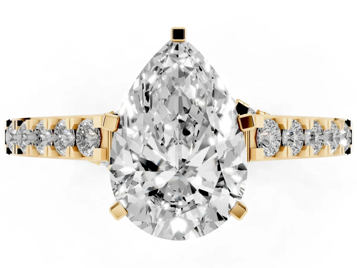 Pear Cut Diamond Solitaire Ring with Crossover Gallery and Round Pavé Band Yellow gold