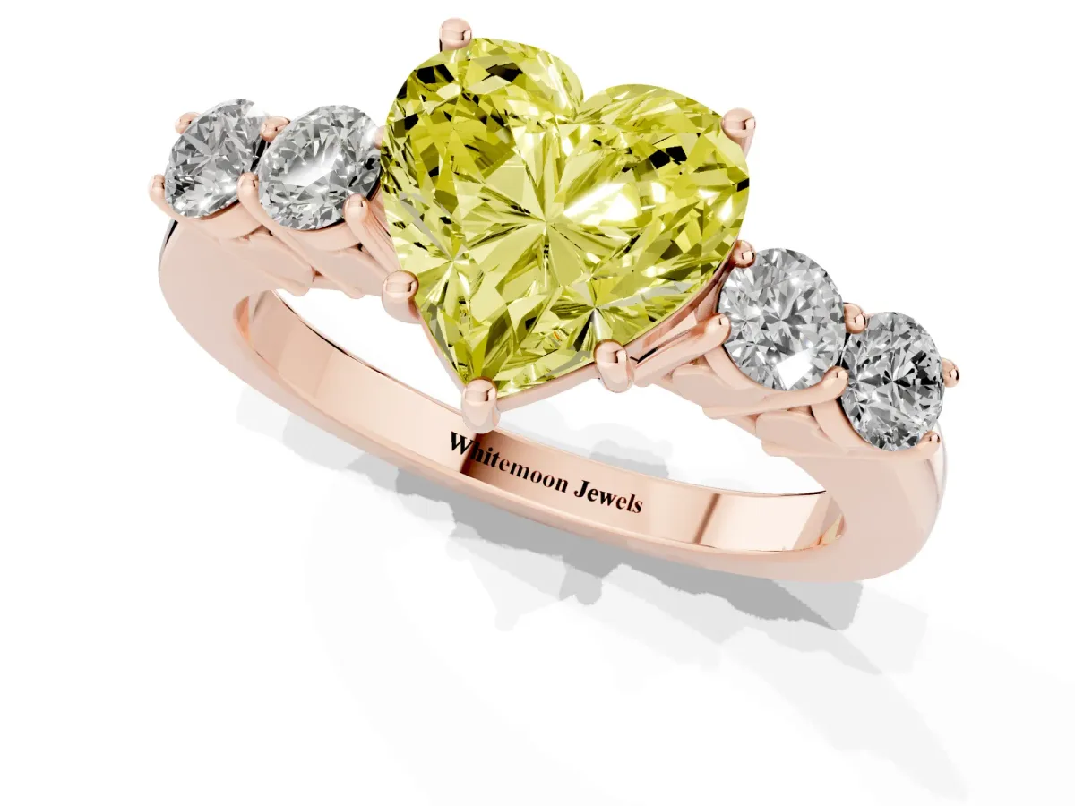 Fancy Yellow Heart Cut Cut Diamond Five-Stone Prong Set White Gold Ring Rose gold