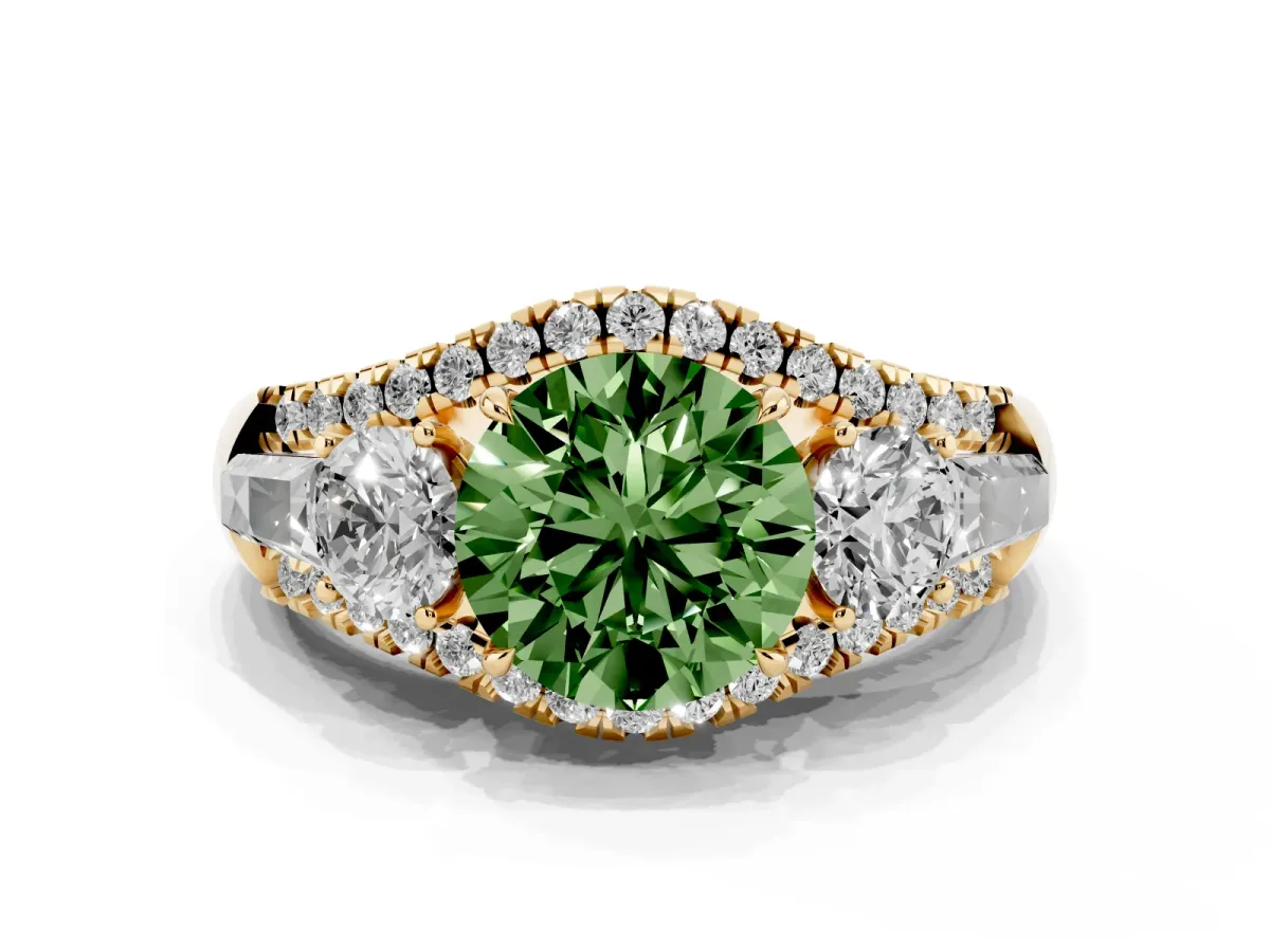 Fancy Green Three-Stone Round Cut Diamond Engagement Ring with Pave Band and Prong Setting Yellow gold