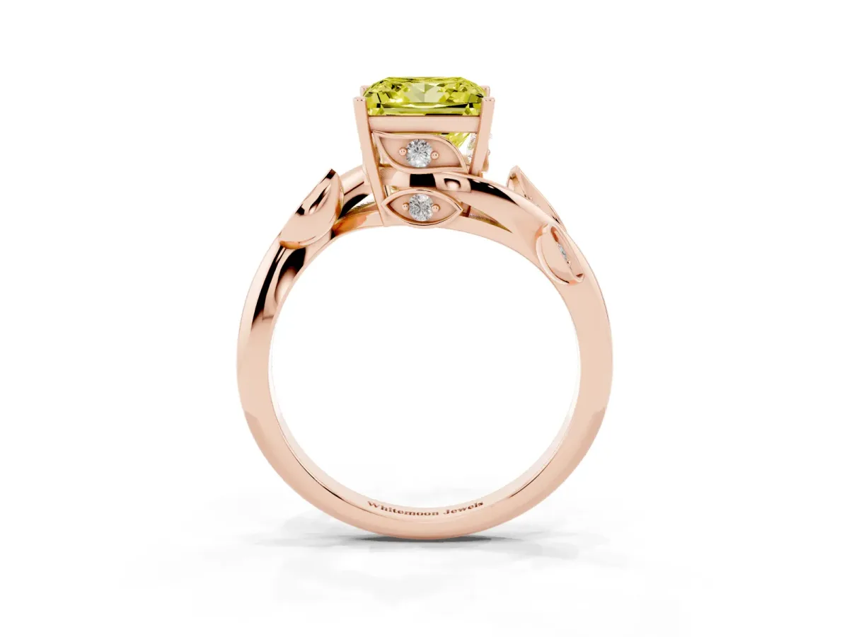 Fancy Yellow Princess Cut Solitaire Twist Engagement Ring with Leaf Accents and Prong Setting Rose gold