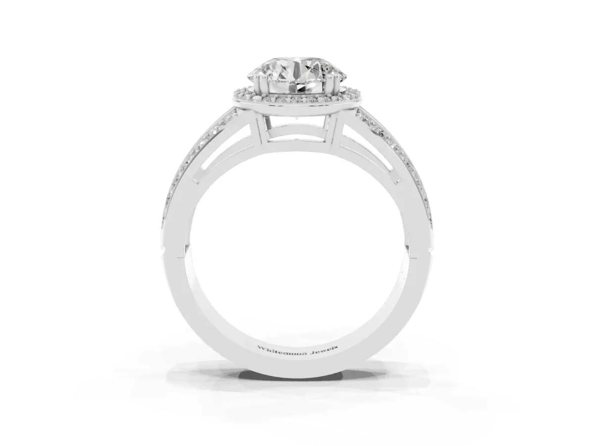 Round Cut Diamond Halo Ring with Split Shank Pavé Band and Four-Prong Setting Platinum
