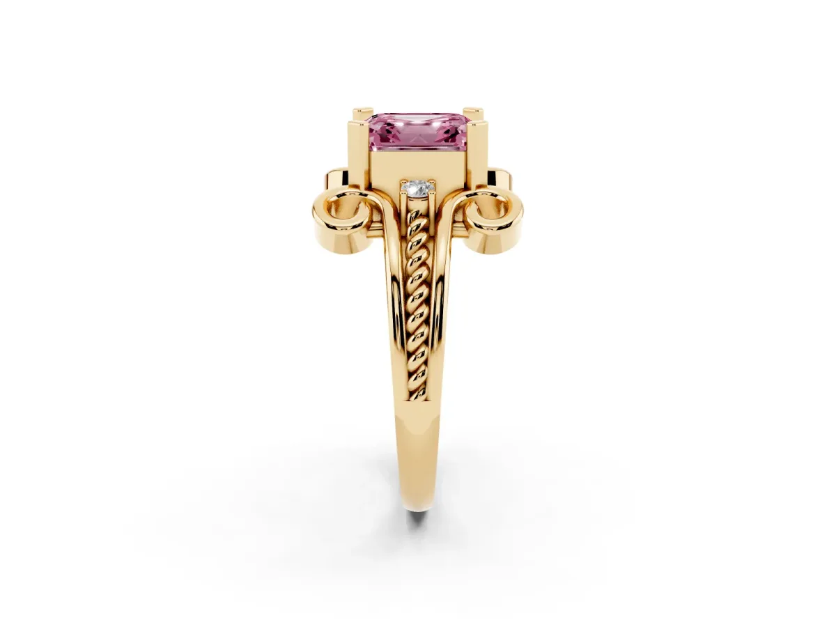 Fancy Pink Asscher Cut Solitaire Twisted Band Scroll Prong Ring Yellow gold
