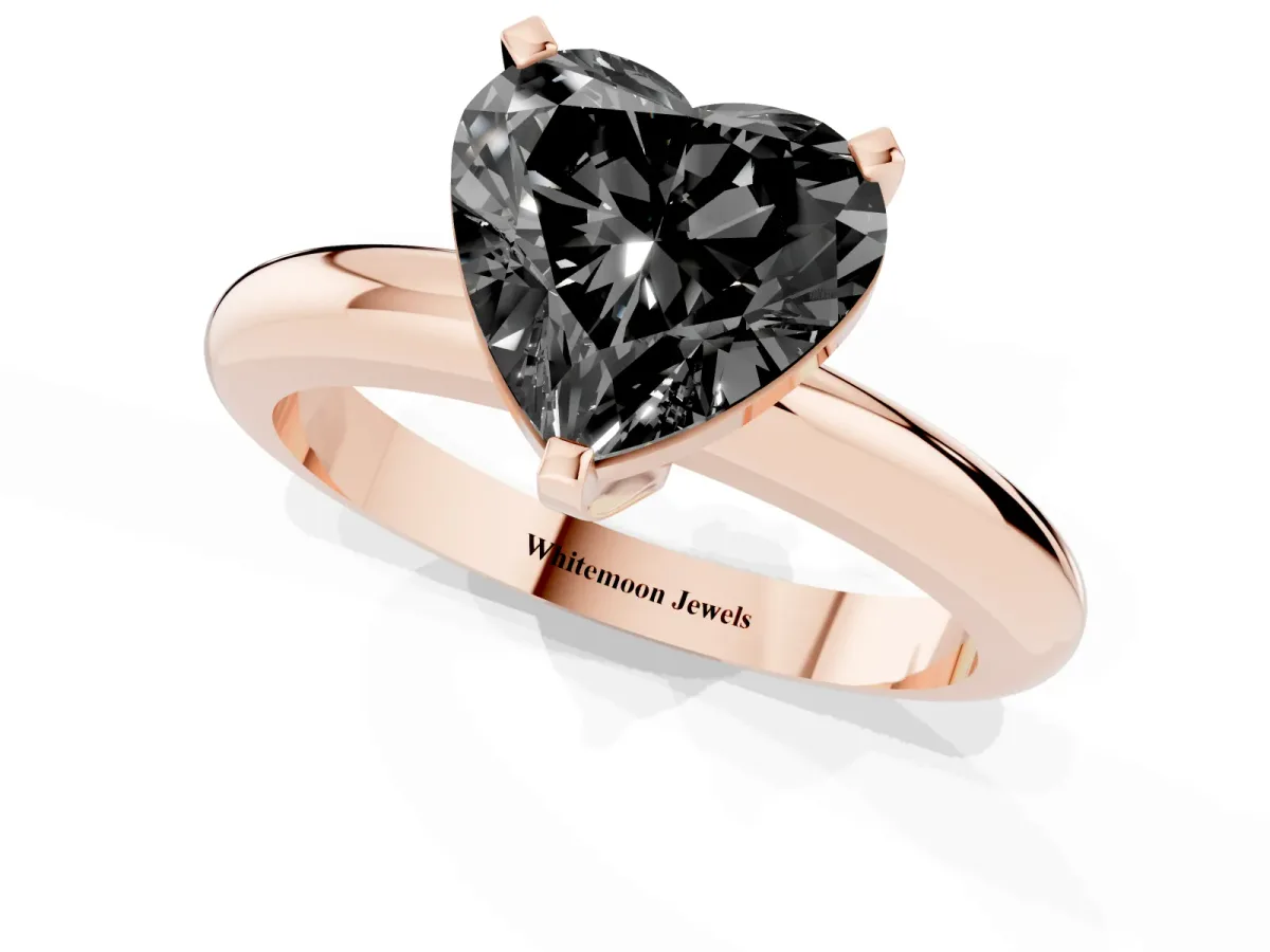 Fancy Black Heart Cut Diamond Solitaire Engagement Ring with Round Band and Four-Prong Setting Rose gold