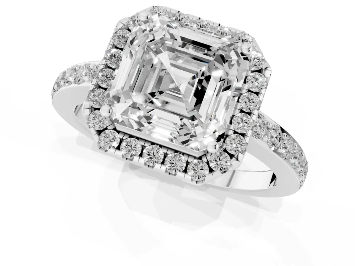 Asscher Cut Halo Diamond Pavé Band Ring with Prong Setting Silver