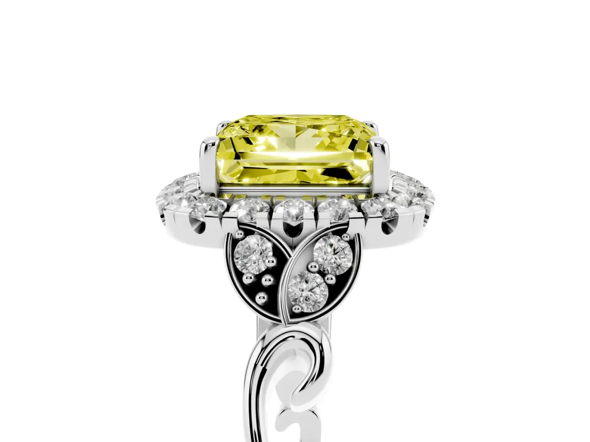 Fancy Yellow Princess Cut Halo Diamond Engagement Ring with Vintage-Inspired Band and Four-Prong Setting White gold