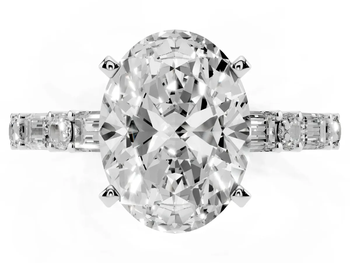 Oval Cut Diamond Solitaire with Side Baguettes and Channel Set Band Platinum