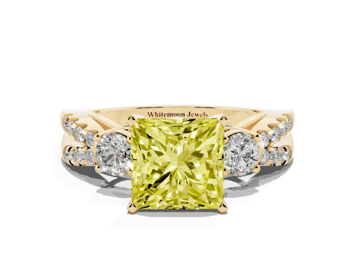 Fancy Yellow Princess Cut Diamond Three-Stone Ring with Pavé Split Shank and Four-Prong Setting Yellow gold